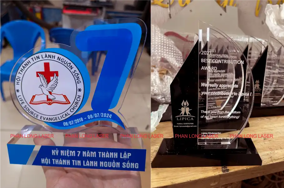 Gia công cắt khắc laser cnc làm cúp kỷ niệm chương bằng chất liệu nhựa mica acrylic giá rẻ tại Cần Thơ, An Giang, Kiên Giang, Tiền Giang, Bạc Liêu, Trà Vinh, Sóc Trăng, Hậu Giang, Vĩnh Long, Đồng Tháp, Long An, Tây Ninh, Bình Phước